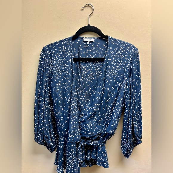 Ganni Dark Blue Floral Wrap Blouse - Picture 2 of 5